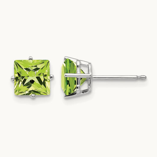 Square Step Cut Peridot Earrings, 6mm, 14K White Gold