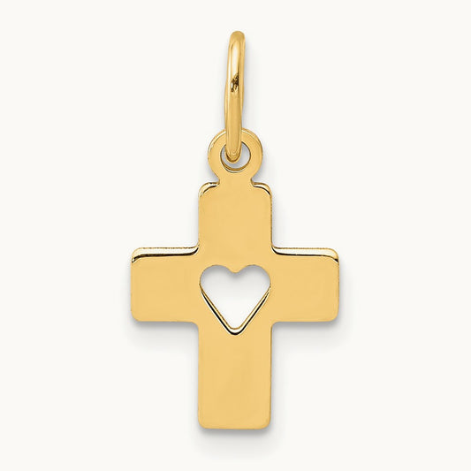 Polished Cross with Heart Pendant, 14K