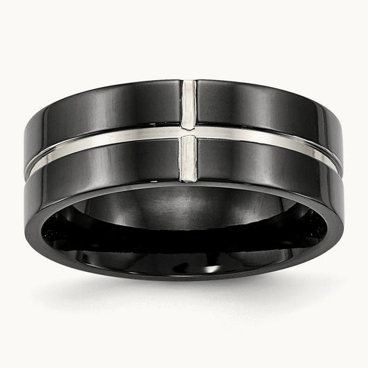 Polished Black IP-plated Grooved Comfort Fit Band, 8mm, Titanium