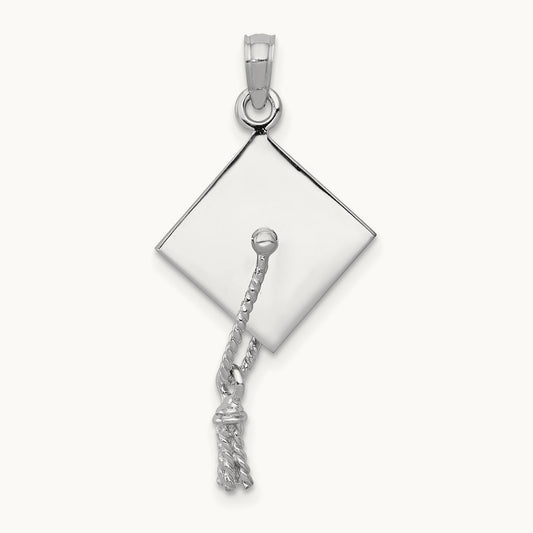 3-D Graduation Cap with Moveable Tassle Charm — 14K White Gold