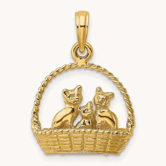 3-D Cats Inside Of Basket Charm, 14K
