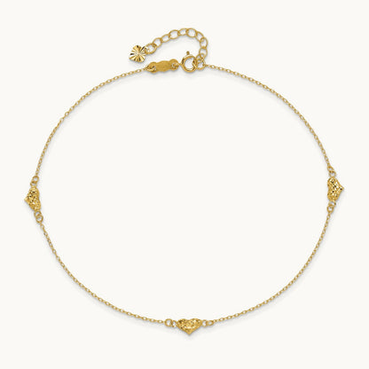 Polished Diamond-cut Triple Puffed Hearts 10in Plus 1in. Ext. Anklet, 14K