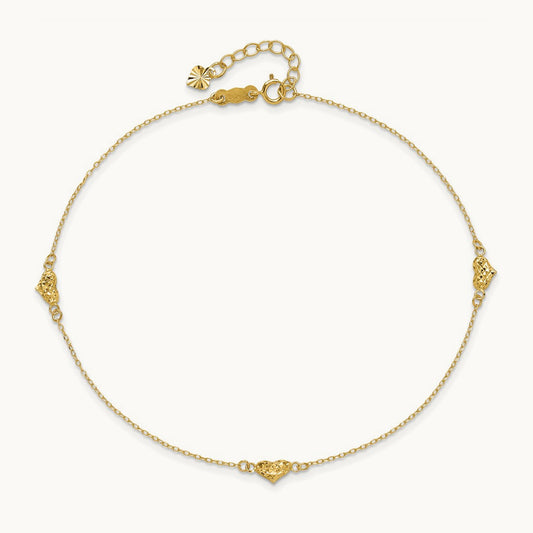 Polished Diamond-cut Triple Puffed Hearts 10in Plus 1in. Ext. Anklet, 14K