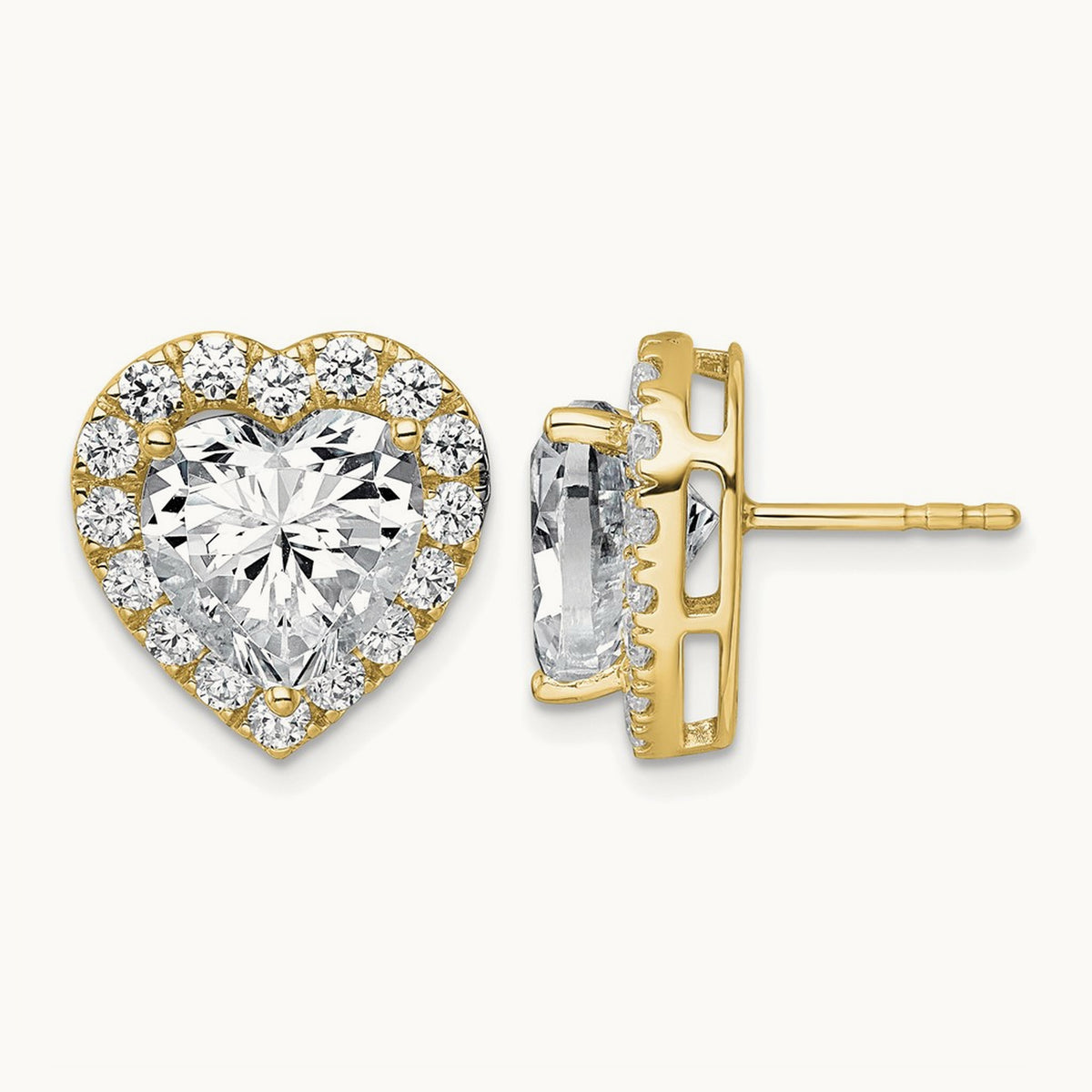 Heart Halo Post Earrings, 0.50-7.25 ct tw Lab-Grown Diamond — 7 3/8 ct, VS (Best), 14K Yellow Gold