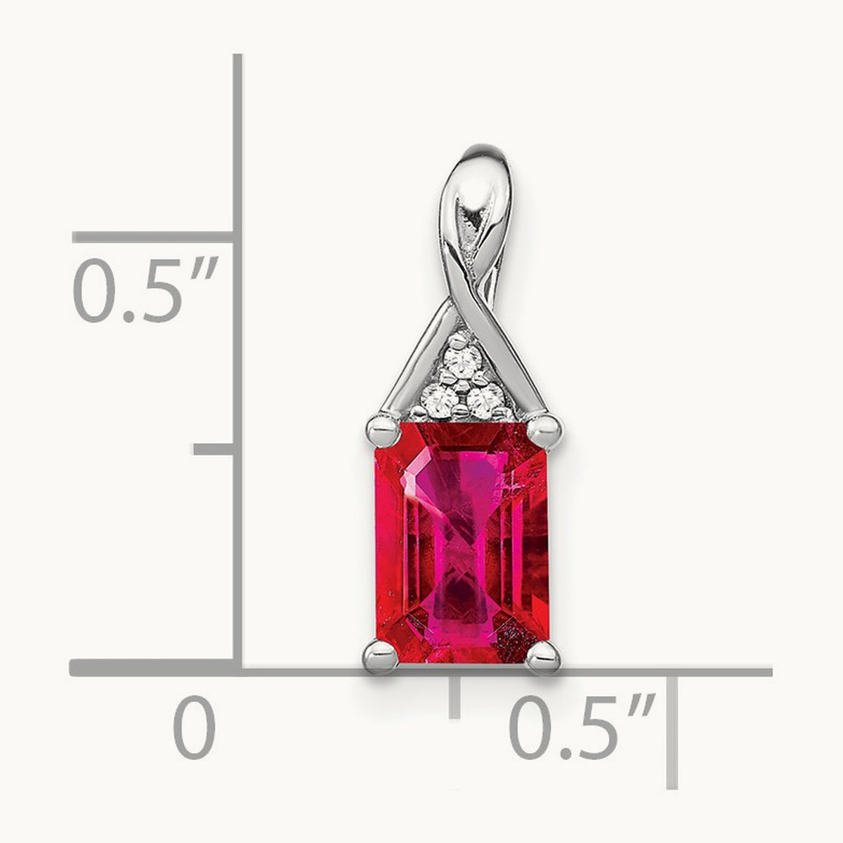 Emerald-shape Ruby and Diamond Pendant — 14K White Gold, 15.75mm