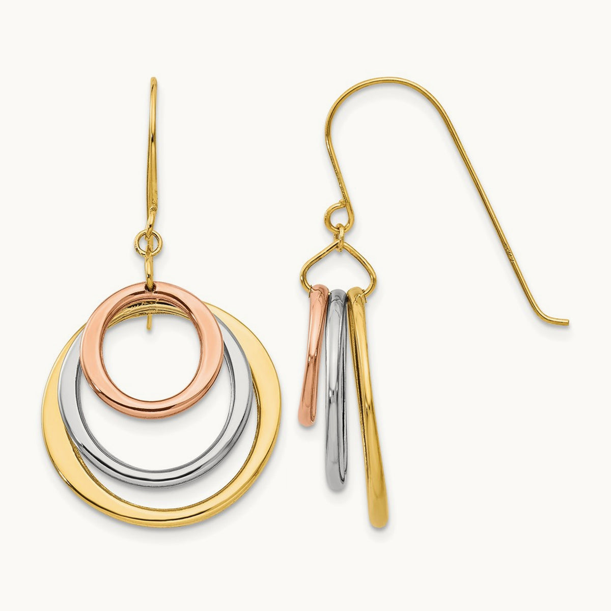 Tri-color Circle Dangle Shepherd Hook Earrings, 14K