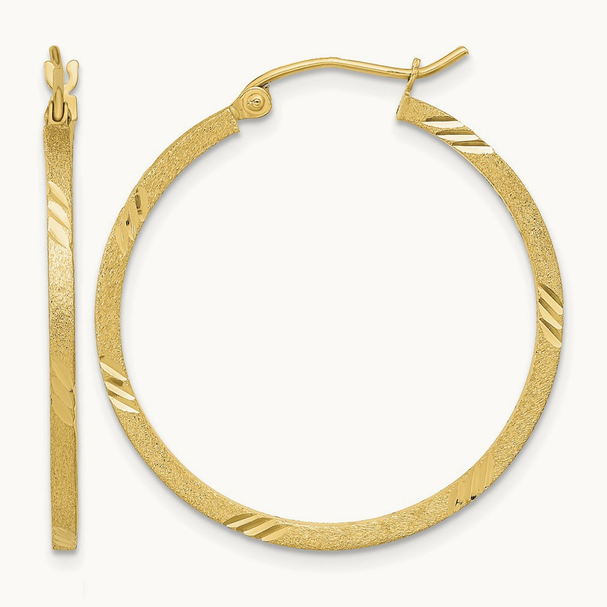 Satin Diamond-cut Square Tube Hoop Earrings — 14K Yellow Gold, 29.75mm