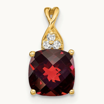 Checkerboard Garnet and Diamond Pendant — 14K Yellow Gold