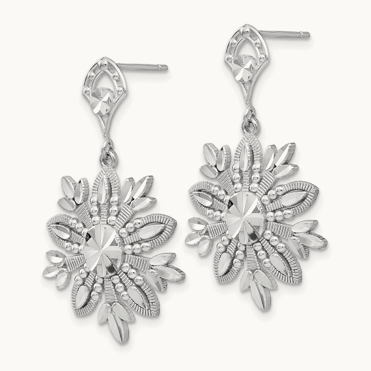 Fancy Snowflake Dangle Earrings, 14K White Gold
