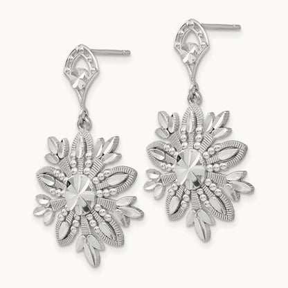 Fancy Snowflake Dangle Earrings, 14K White Gold