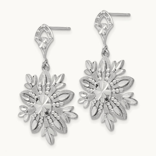 Fancy Snowflake Dangle Earrings, 14K White Gold