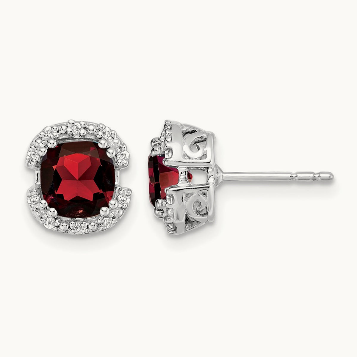 Cushion Garnet and Diamond Halo Earrings — 8.9mm
