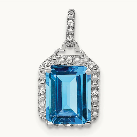 Emerald-cut Blue Topaz and Diamond Halo Pendant, 14K White Gold