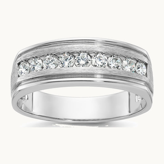 IBGoodman 14K White Gold Men's Polished Brushed and Grooved 9-Stone 1/2 Carat AA Quality Diamond Ring