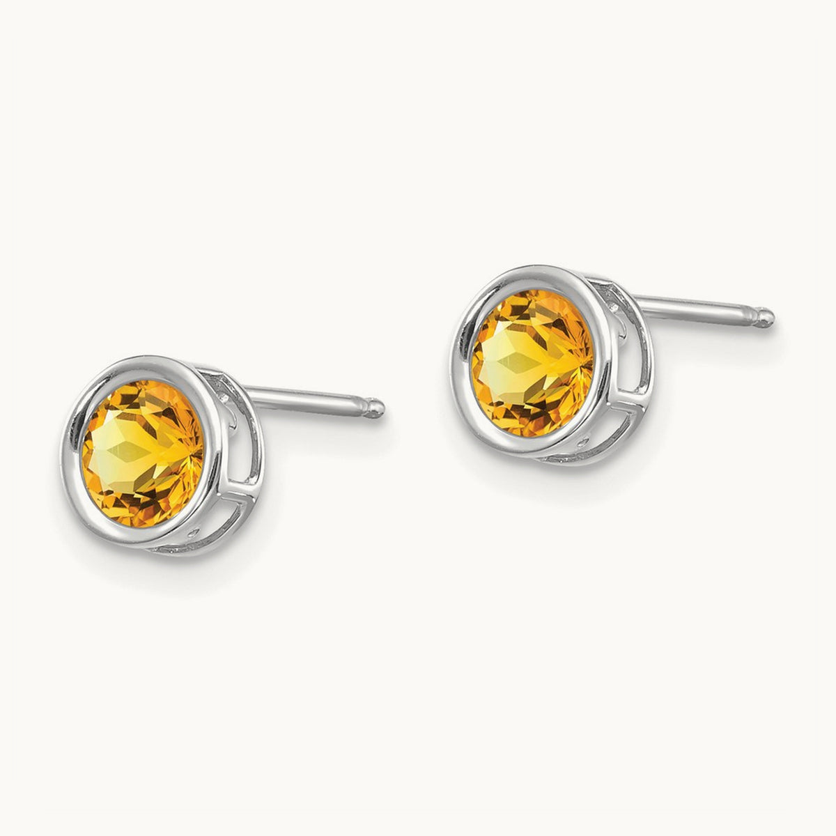 Bezel Citrine Stud Earrings — 14K White Gold