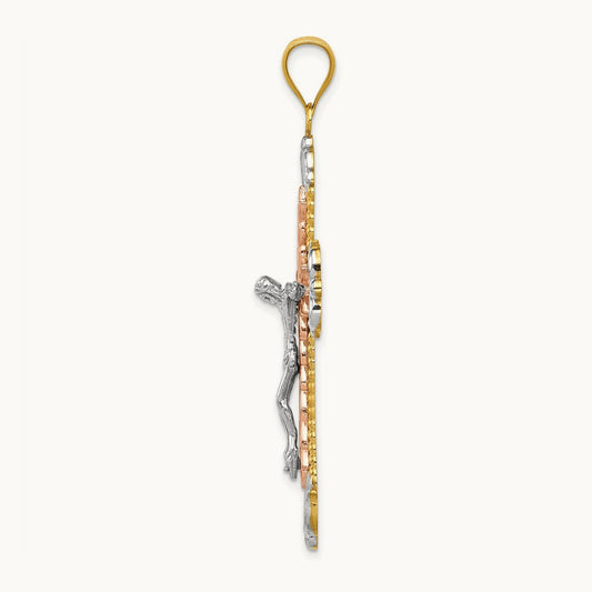 Tri-Color W/ White Rhodium Crucifix Cross Pendant, 14K
