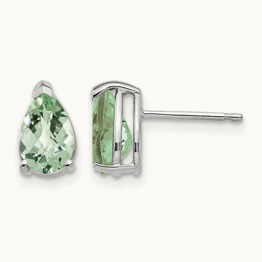 8x5 Pear Checker-Cut Green Quartz Earrings, 14K White Gold