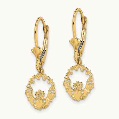Polished Claddagh Leverback Earrings, 14K