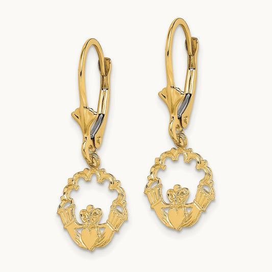 Polished Claddagh Leverback Earrings, 14K