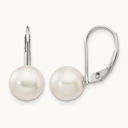 8- Round White Saltwater Akoya Leverback Earrings, 9mm, 14K White Gold