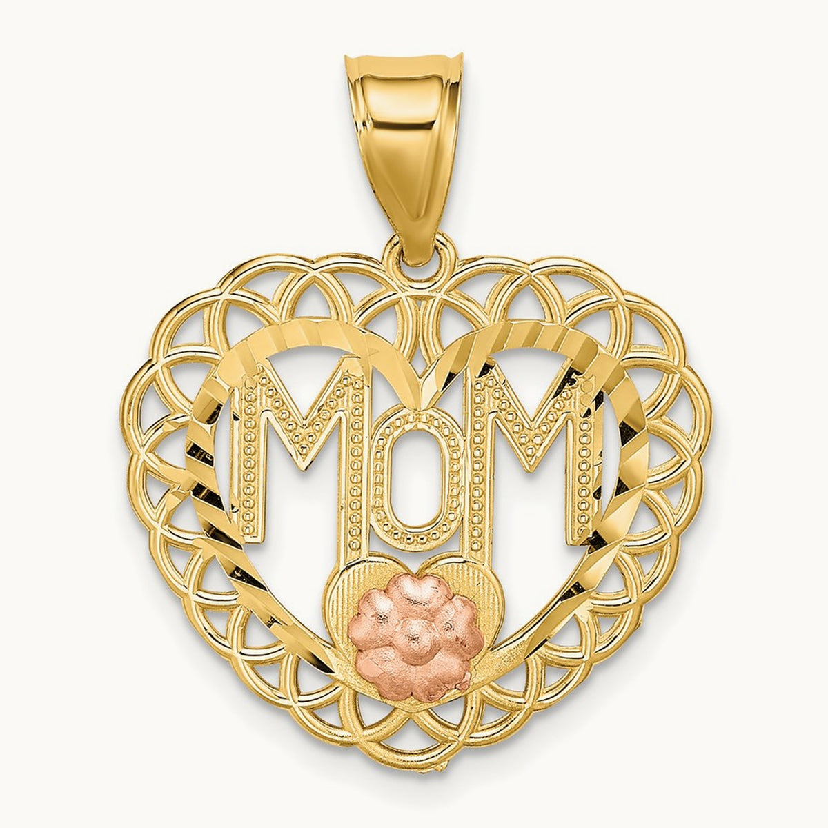 MOM in Heart Frame Charm, 14K Two-tone