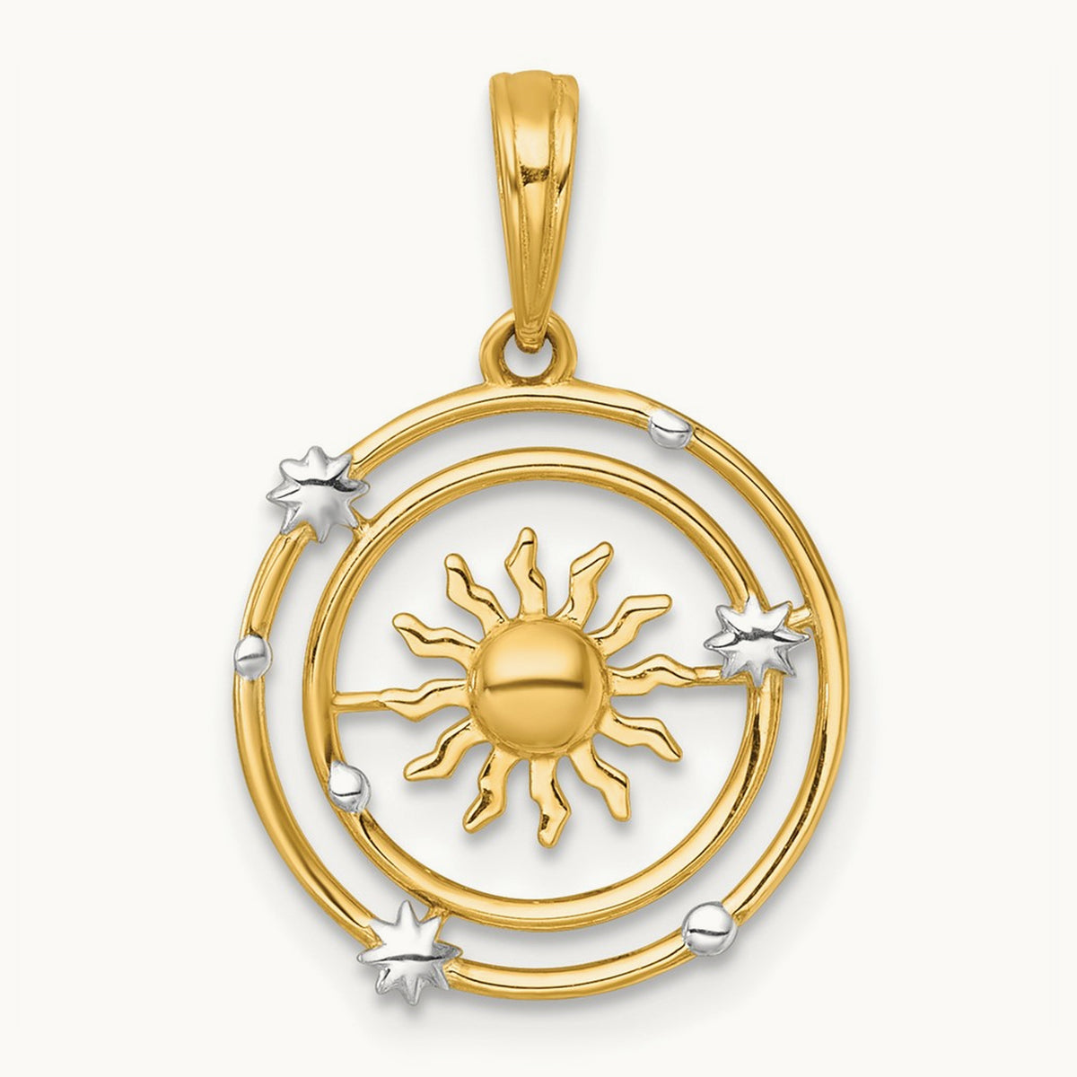 Polished Sun With Solar System Orbit Charm, 14K with White Rhodium