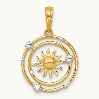 Polished Sun With Solar System Orbit Charm, 14K with White Rhodium