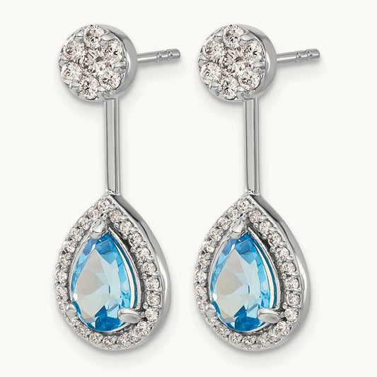 Diamond/Pear Blue Topaz Front/Back Earrings, 14K White Gold
