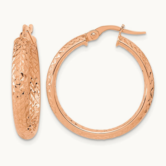 Polished and Diamond-cut Fancy Hoop Earrings, 14K Rose