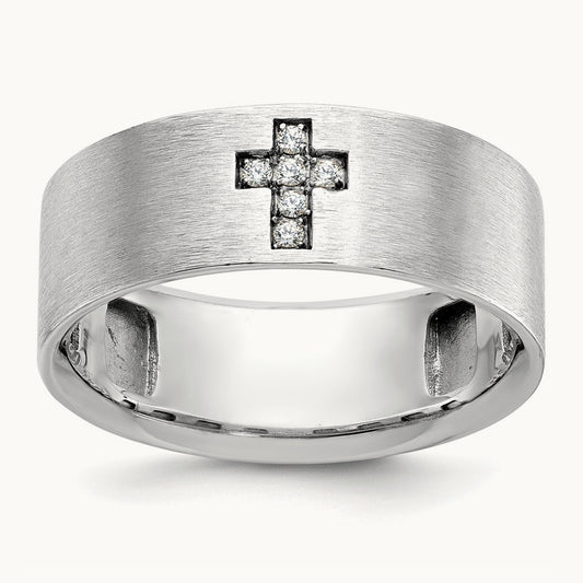 IBGoodman Men's Satin 1/20 Carat Diamond Cross Ring, 14K White Gold