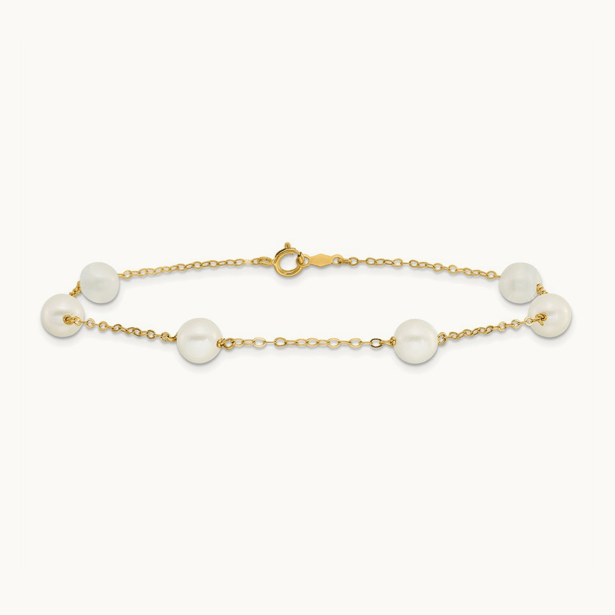 6- White Near Round Freshwater Cultured Pearl 6-station Anklet, 7mm, 14K