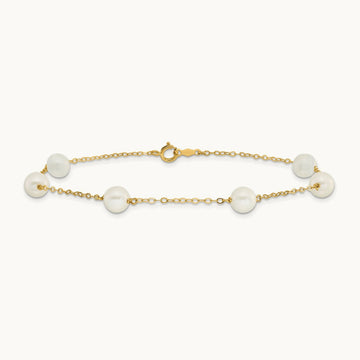 6- White Near Round Freshwater Cultured Pearl 6-station Anklet, 7mm, 14K