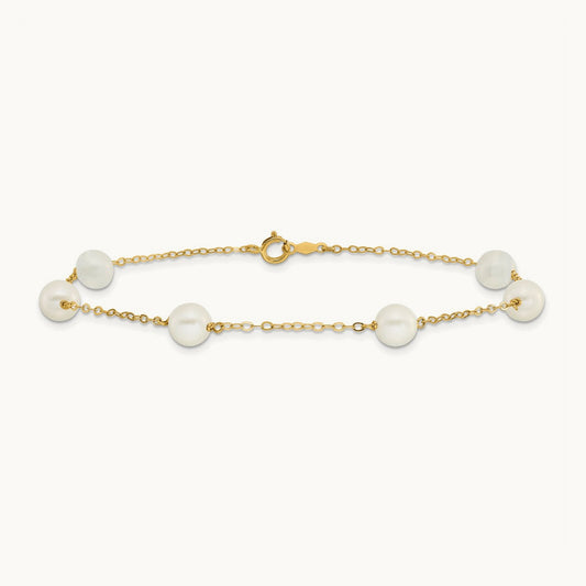6- White Near Round Freshwater Cultured Pearl 6-station Anklet, 7mm, 14K
