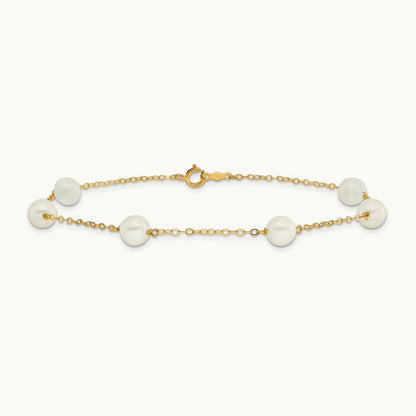 6- White Near Round Freshwater Cultured Pearl 6-station Anklet, 7mm, 14K