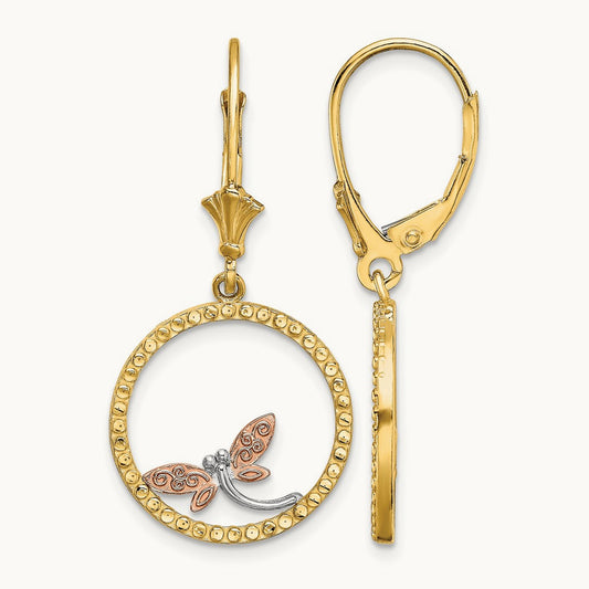 Two-Tonew/White Rhodium D/C Dragonfly Earrings, 14K