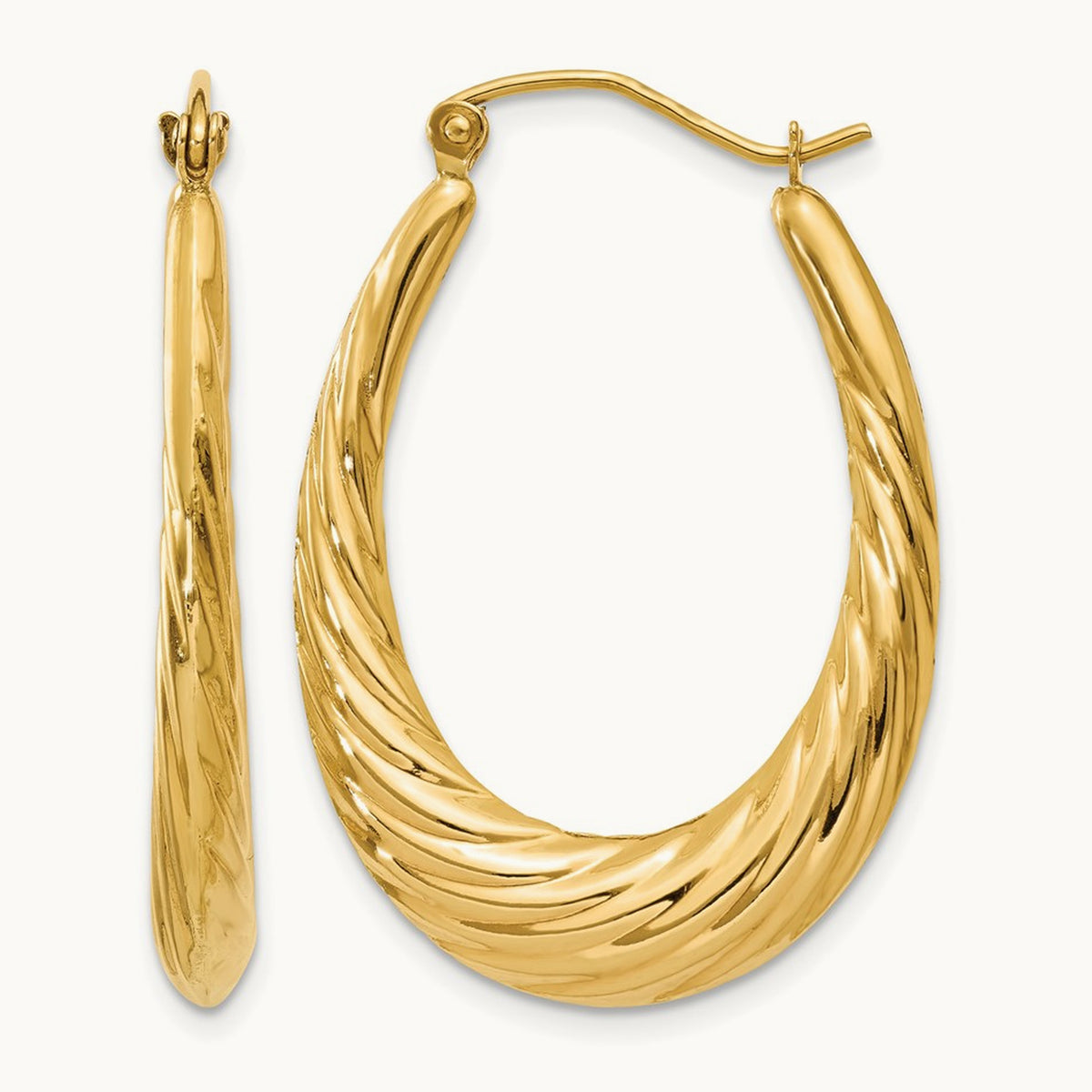 Polished Twisted Oval Hollow Hoop Earrings, 14K