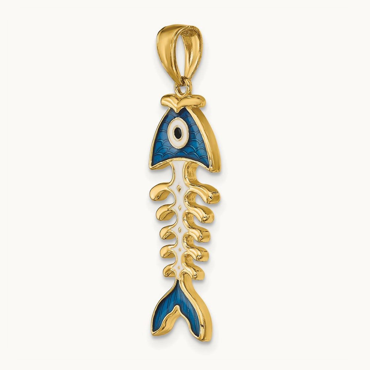 3D Blue Enamel Fish Bone Pendant, 14K