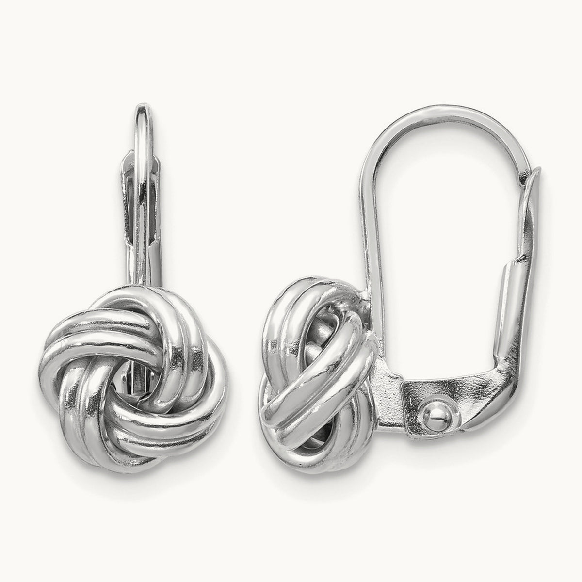 Polished Love Knot Leverback Earrings — 14K White Gold