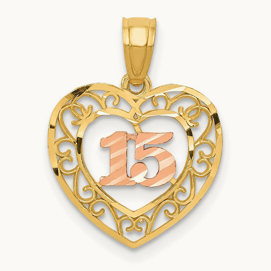 Diamond-cut 15 Pendant, 14K Two-tone