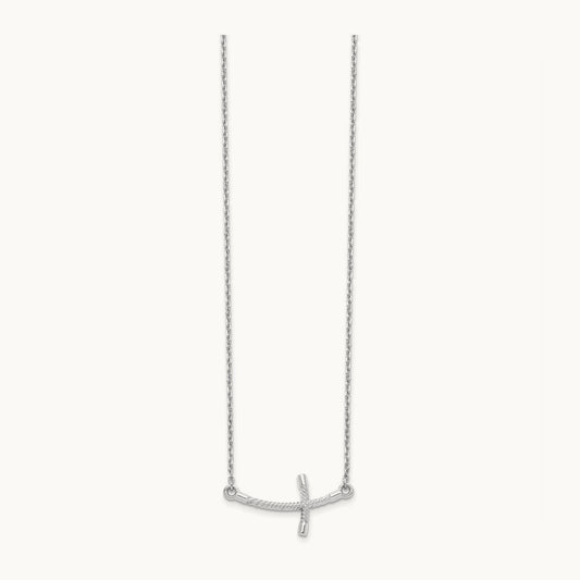 Large Sideways Curved Twist Cross Necklace — 14K White Gold
