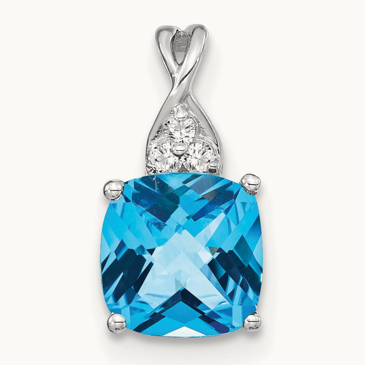 Checkerboard Blue Topaz and Diamond Pendant — 14K White Gold