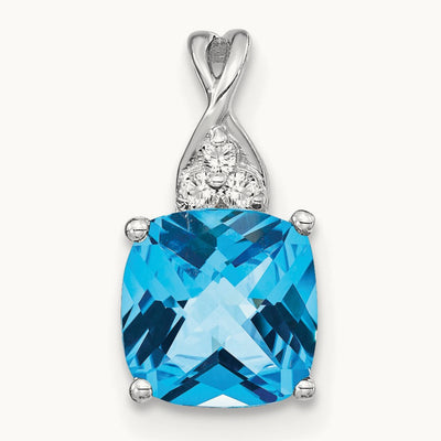 Checkerboard Blue Topaz and Diamond Pendant — 14K White Gold