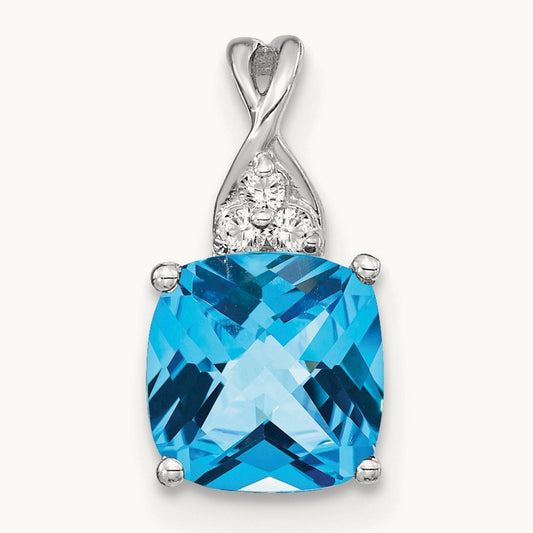 Checkerboard Blue Topaz and Diamond Pendant — 14K White Gold
