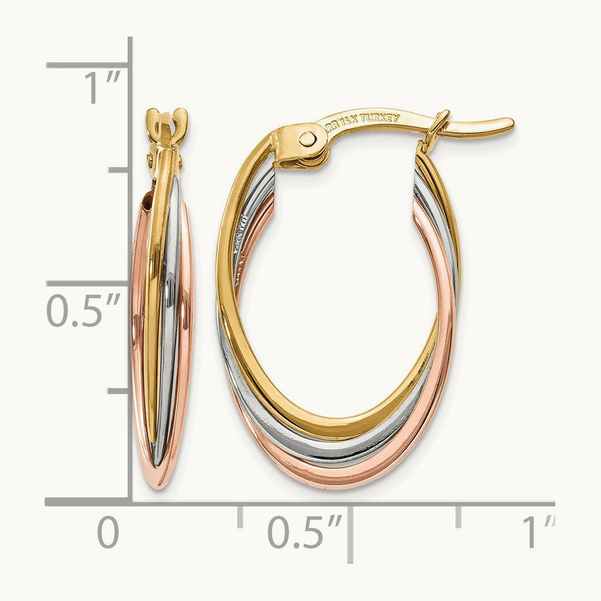 Tri-Color Polished Oval Hoop Earrings, 14K