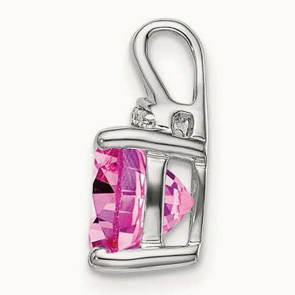 Cushion Created Pink Sapphire/Diamond Pendant, 14K White Gold