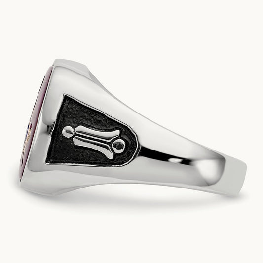 Men's Textured w/ Black Enamel & Lab Cr. Ruby Masonic Ring, 14K White Gold