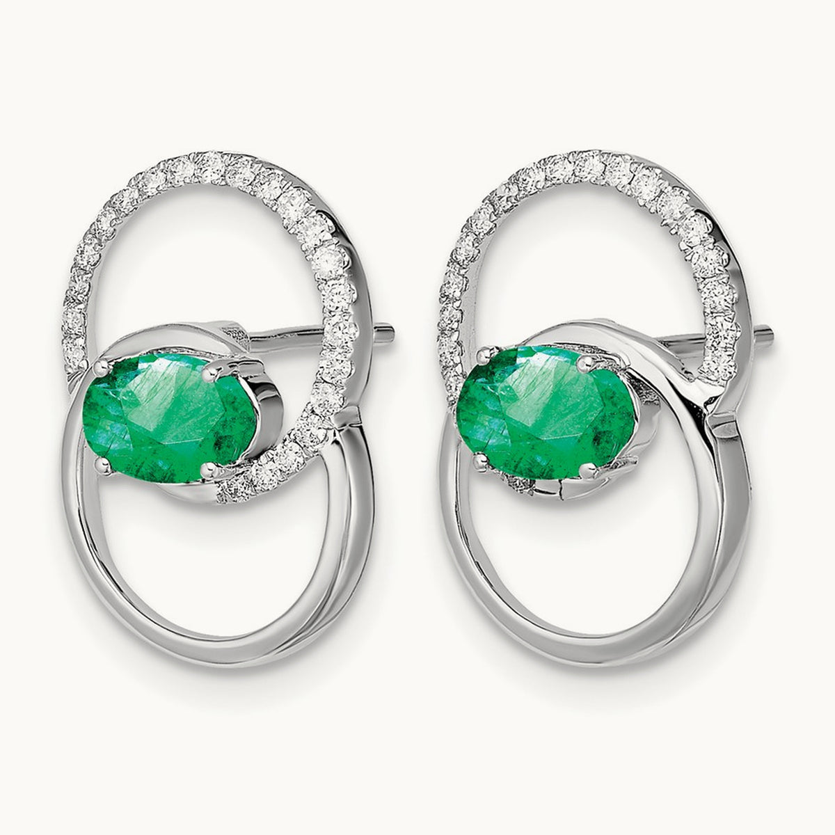 Double Circle Emerald/Diamond Post Earrings, 14K White Gold