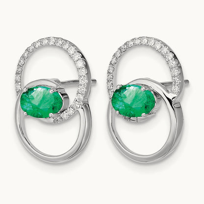 Double Circle Emerald/Diamond Post Earrings, 14K White Gold
