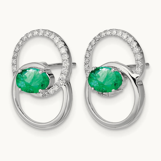 Double Circle Emerald/Diamond Post Earrings, 14K White Gold
