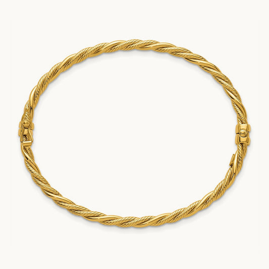 Polished and Textured Twisted Hinged Bangle, 14K